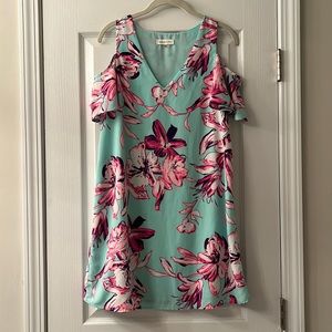 Sugar+Lips Minty Aqua Floral Cold Shoulder Dress